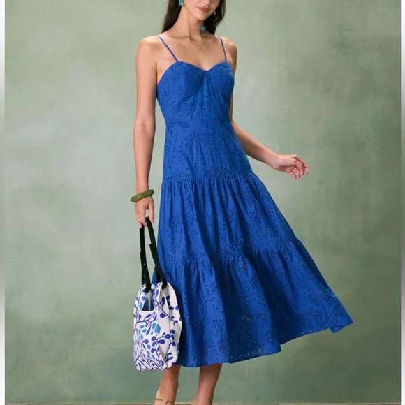 Rihoas Blue Sweetheart Neck Embroidery Slip Midi Dress - Picture 4 of 8